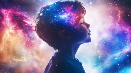Naklejka premium A silhouette of a boy filled with a vibrant galaxy, symbolizing imagination and wonder in the cosmos.
