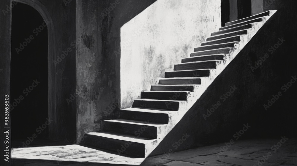Poster a black and white photograph of a staircase in a building with sunlight streaming through an open do