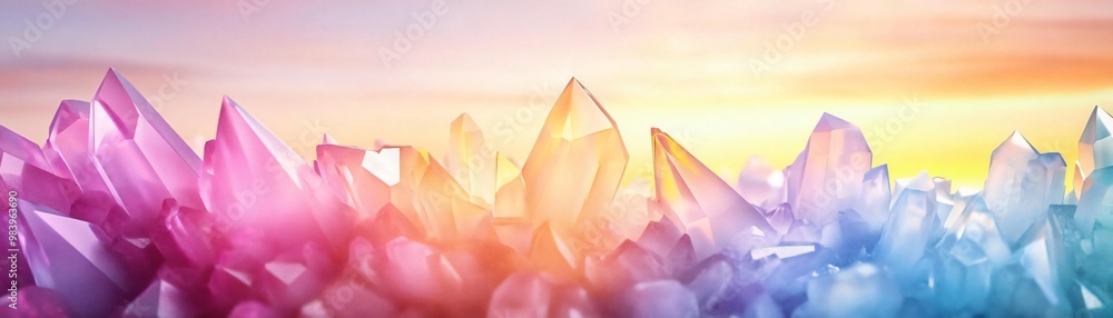 Poster a stunning display of colorful crystals reflecting light, creating a mesmerizing gradient of hues in