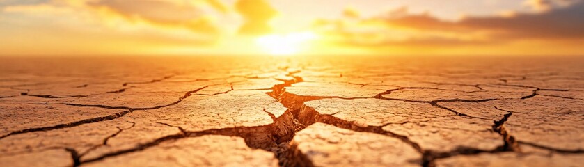 Naklejka premium A stunning sunset over a cracked landscape, showcasing the effects of drought and climate change on nature's beauty.