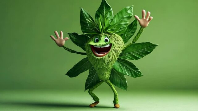 Happy tree mascot character dancing and waving on green background