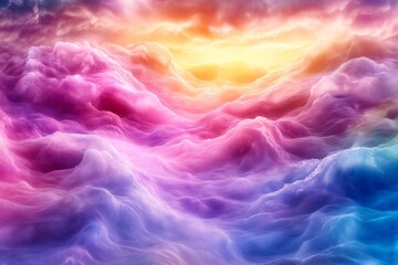 Fototapeta premium A vibrant and surreal landscape of colorful clouds illuminated by a warm sunset, creating a dreamy and enchanting atmosphere.