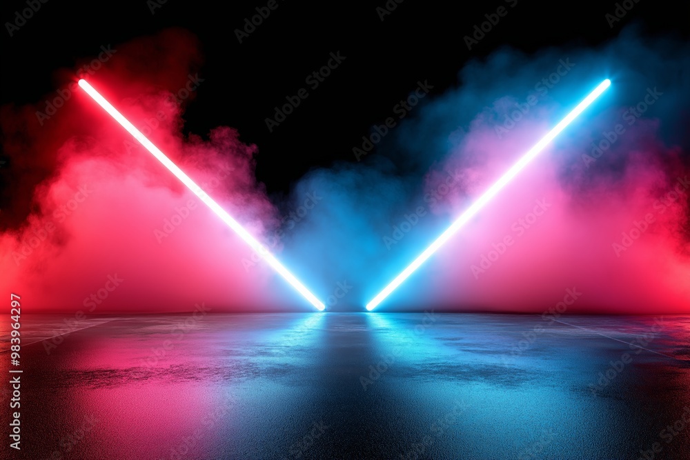 Poster a dark background with two red and blue lights that are pointing towards each other. the lights are 