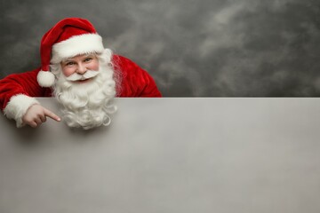 A santa with a red hat pointing to a white board. Scene is cheerful and festive