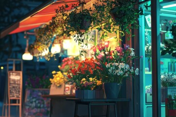 A Colorful Flower Event With Flower Displays, Festive Decorations, And Warm Light Enhancing The Cozy And Cheerful Vibe. Cozy Vibe, Generative AI