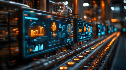 Obraz premium Futuristic control panel showcasing advanced technology with vibrant graphs and glowing indicators for industry or science themes.