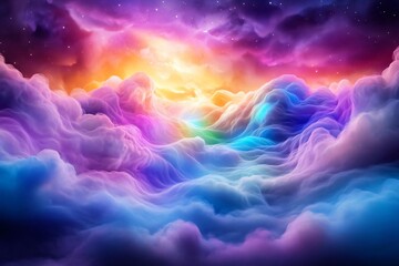 Fototapeta premium A vibrant sunset over colorful clouds, creating a serene and dreamy atmosphere with a spectrum of enchanting hues.