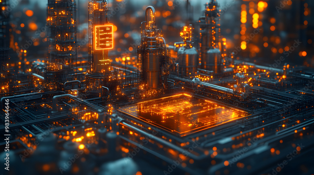 Aufkleber futuristic industrial landscape featuring glowing structures and intricate pipelines in an advanced 