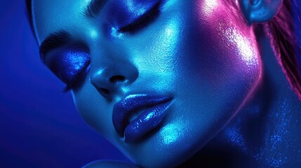 Close-up of a woman's face with blue and pink iridescent makeup