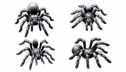 Vector Spider Set illustration in old Engraving drawing style