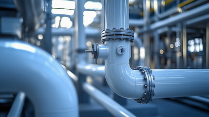 White industrial pipes, against a backdrop of gray metal walls
