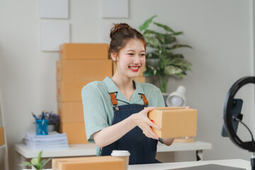 Smiling Female Entrepreneur in a Home Office Setting: A young woman in a casual green shirt and...
