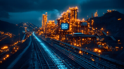 Obraz premium Illuminated industrial complex at dusk with glowing lights and railway tracks, creating a dynamic urban atmosphere.