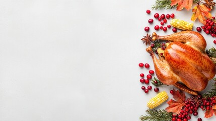 Thanksgiving Turkey with Cranberries and Corn on a Simple Background for Text | Festive Holiday Meal Concept, Generative Ai
