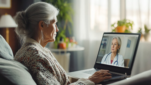 Telemedicine. Elderly woman making video call to female doctor at home, doctor consulting patient online, telemedicine and healthcare concept. ill feeling woman making a call from home with physician - Powered by Adobe