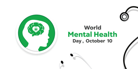World Mental Health Day. Brain, heart, plus icon, human and stethoscope. Great for cards, banners, posters, social media and more. White background.