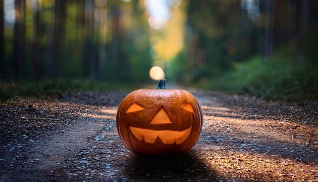 halloween concept pumpkin jack with glowing eyes on forest background