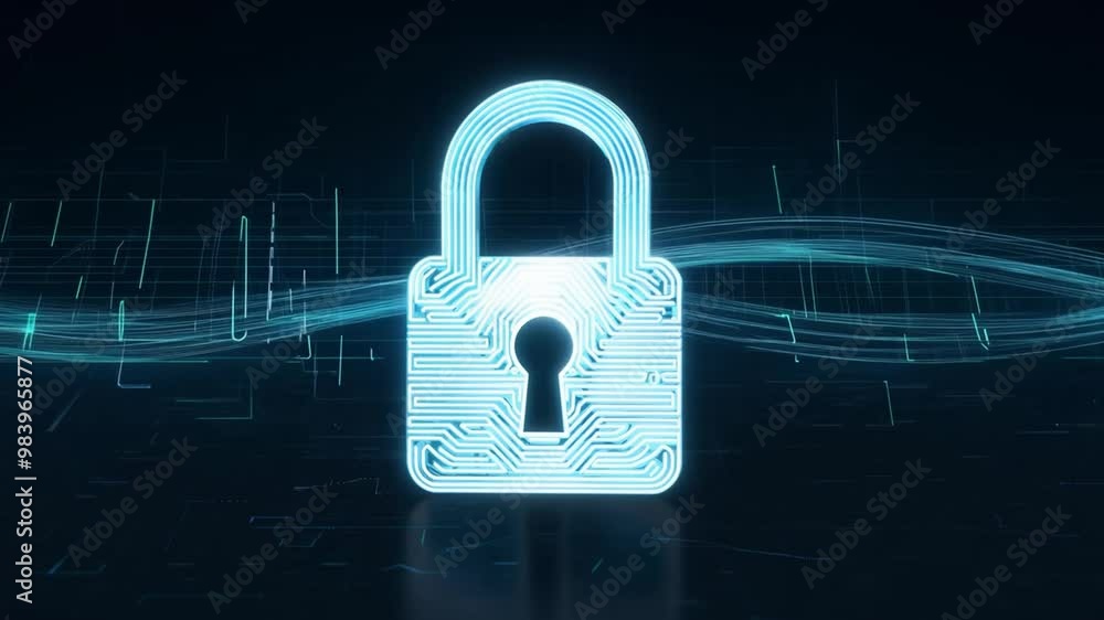 Poster A digital padlock appears on a dark background, designed with circuit patterns and illuminated by blue light effects, representing the concept of cybersecurity.