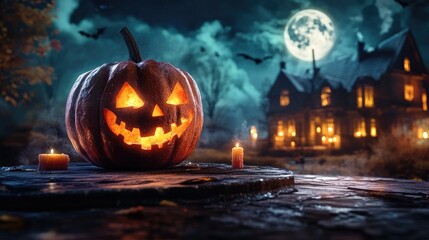 Obraz premium Halloween pumpkin with candlelight in front of a haunted house background,