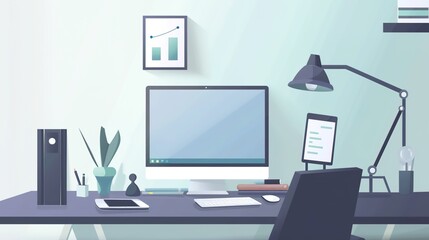 A modern workspace featuring a computer, stationery, and plants, creating a serene and productive environment.