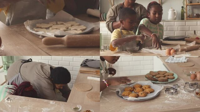 Split screen of two African American tween siblings making sweet homemade cookies while spending leisure time with their grandma at kitchen