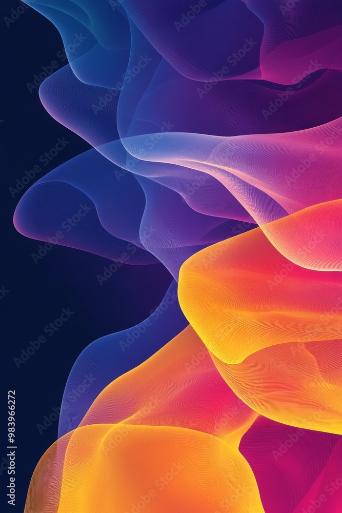 Poster colorful abstract shapes blend together in a smooth, flowing design against a dark background, creat