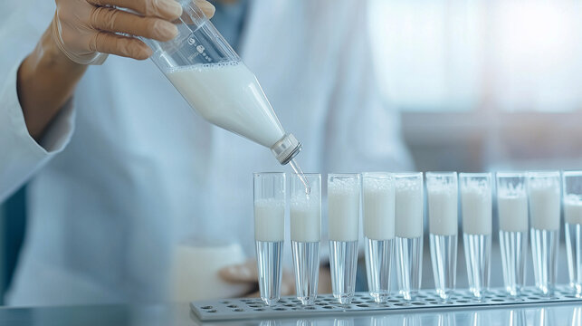 close-up shot of a food scientist pouring alternative milk into test tubes, with visible labels for different types, showcasing the meticulous process of quality control and testin