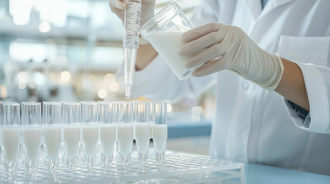 close-up shot of a food scientist pouring alternative milk into test tubes, with visible labels for different types, showcasing the meticulous process of quality control and testin