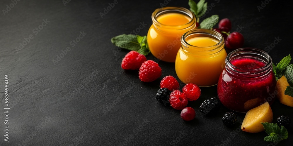 Poster Colorful jars of fruit jams on black background. Fresh raspberries and mint leaves add a rustic touch. Perfect for culinary or product photography. Ideal for food bloggers. AI