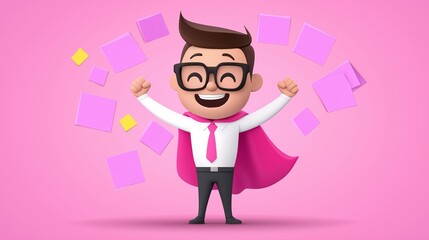 A man in a pink cape and glasses is smiling and holding up his arms. The image is a cartoon of a man in a suit and tie, with a pink background. The man is surrounded by a lot of paper