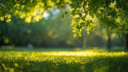 Obraz premium Serene green park with soft sunlight filtering through the leaves, creating a peaceful atmosphere perfect for leisure activities