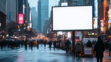 A blank billboard stands prominently on a busy city street filled with pedestrians during a misty evening