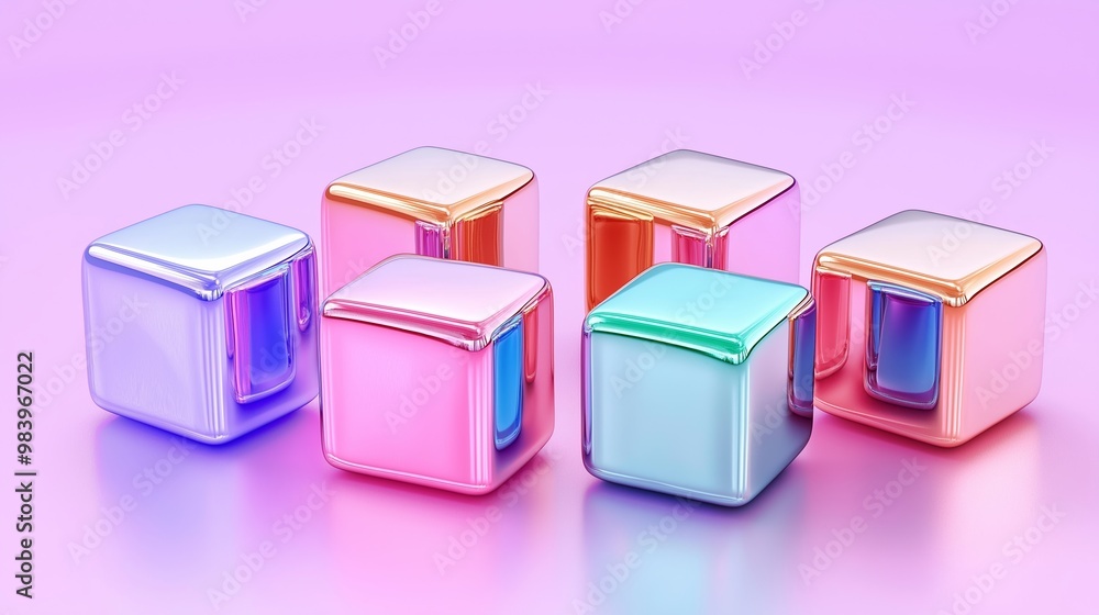 Poster a row of six colorful cubes with a pink background. the cubes are made of shiny material and are arr