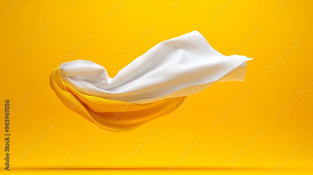 Poster a towel with a yellow and white pattern is soaring through the air. the towel is white and yellow, a