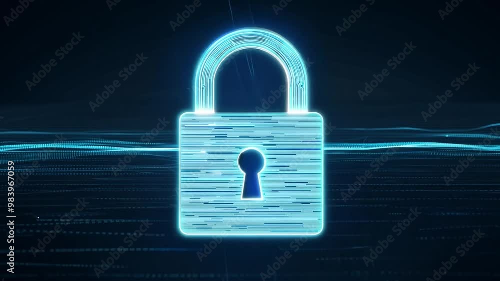 Aufkleber a metal padlock stands prominently against a dark background, surrounded by flowing blue lines that 