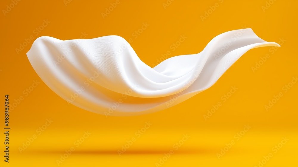 Poster a white fabric is floating in the air on a yellow background. the image has a dreamy, ethereal quali