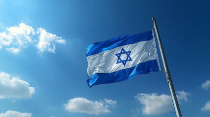 A vibrant Israeli flag waving against a clear blue sky with fluffy clouds, symbolizing national pride and unity in Israel during a bright afternoon