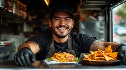 A cheerful chef in a black cap serves a delicious burger and nachos at a vibrant food truck during a sunny outdoor event in the afternoon
