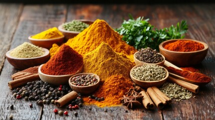 Fototapeta premium A vibrant assortment of spices displayed in wooden spoons on a rustic table, showcasing rich colors and textures perfect for culinary creations