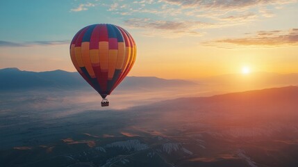 Obraz premium A vibrant hot air balloon ascends gracefully into the colorful sky at sunrise, offering breathtaking views over serene mountains and valleys below