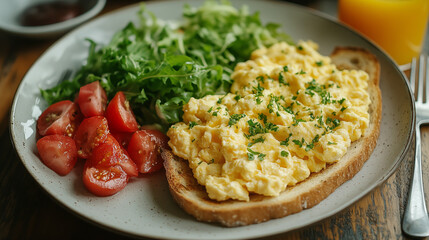 Scrambled eggs with tomato and salad on wooden table, closeup