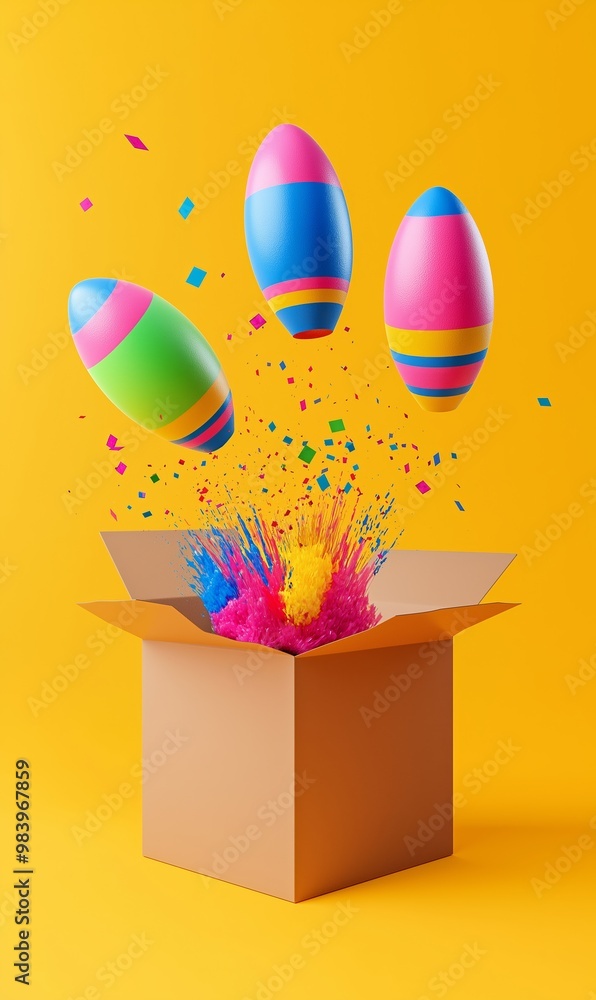 Aufkleber a box with three colorful balls inside of it. the balls are in the air and are surrounded by colorfu