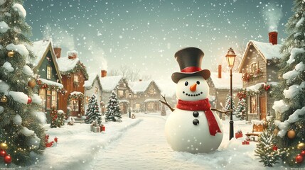 Obraz premium A festive winter village filled with cheerful decorations, children playing, and snow gently falling as families gather around beautifully lit holiday displays