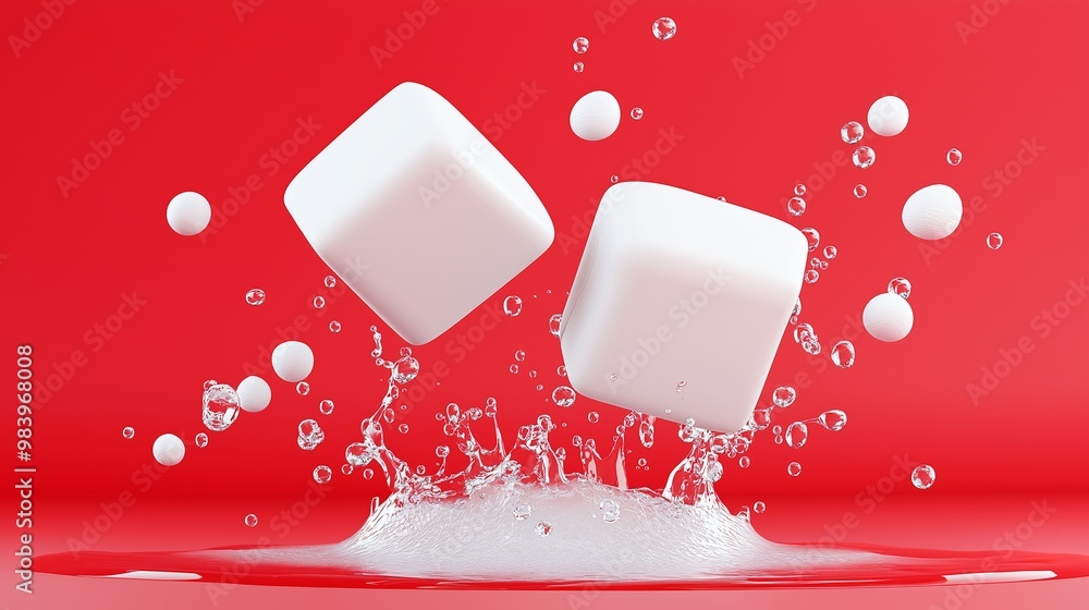 Poster two white cubes are floating in a splash of water, creating a playful and fun atmosphere. the splash