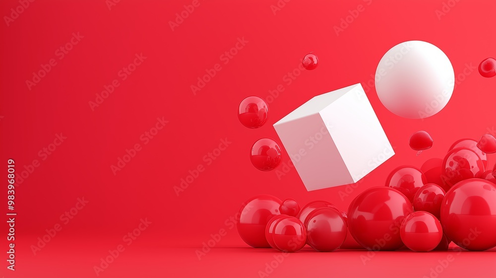 Poster a red background with a white cube and a white ball. the cube is floating in the air and the ball is