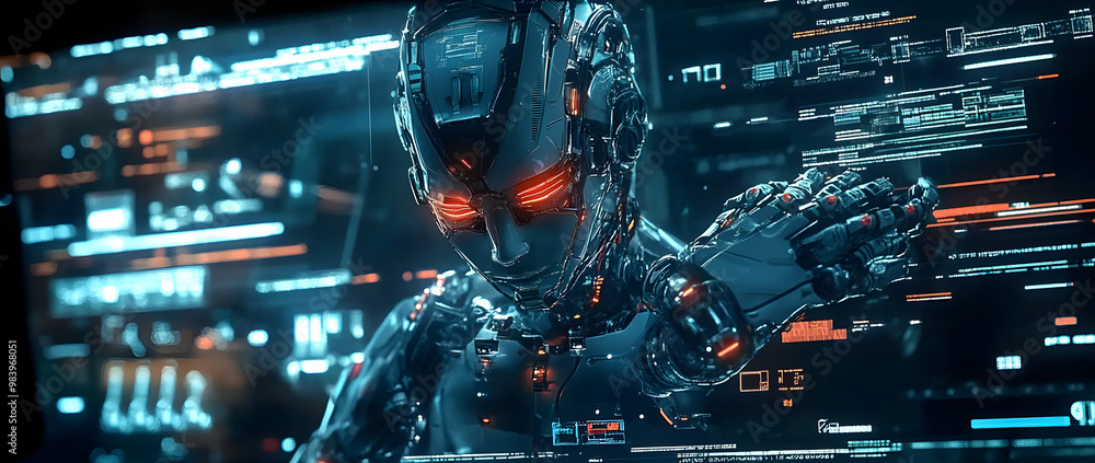Aufkleber the idea of a futuristic sci-fi ai cyber supercomputer. future technology cyberspace. a humanoid cyb