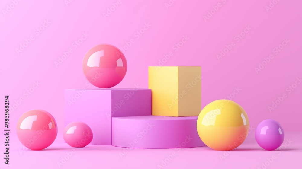 Aufkleber a pink and yellow display of balls and cubes. the pink balls are arranged in a pyramid shape, while 