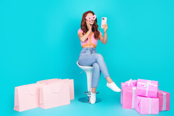 Full size photo of pretty young girl selfie photo shopping present wear trendy pink outfit isolated...