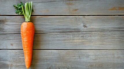 Close-up of fresh unpeeled carrot with green leaves and stem, set against rustic wooden surface.