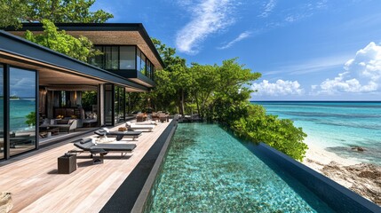 Fototapeta premium A skilled chef grilling fresh meats at a luxurious beachfront villa during a sunset gathering with friends and family